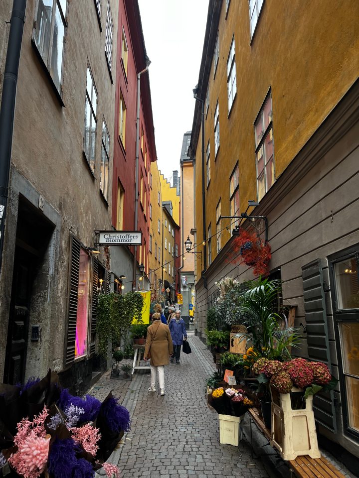 Stretto vicolo di Gamla Stan a Stoccolma con negozi di fiori e palazzi colorati.