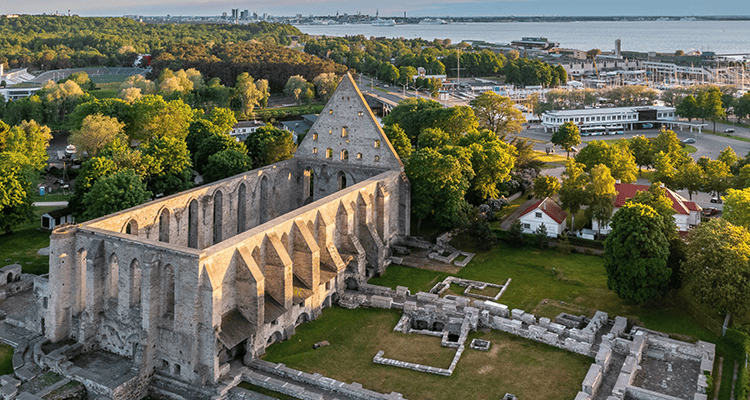 Veduta aerea delle rovine del Monastero di Santa Brigida a Tallinn, con la città e il Mar Baltico sullo sfondo.