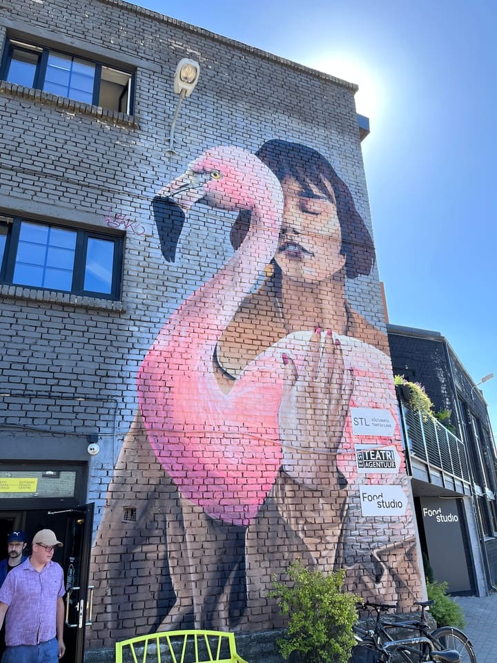 Murales con donna e fenicottero rosa sulle pareti di un edificio a Telliskivi, Tallinn