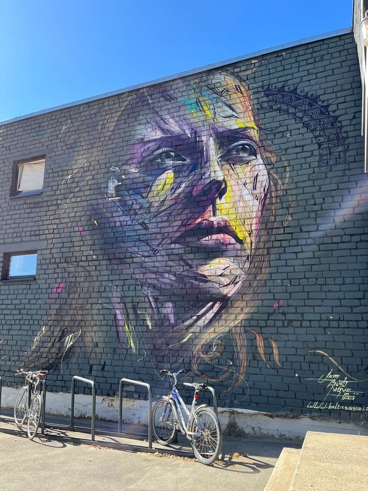 Murales colorato di un volto femminile su un edificio industriale a Telliskivi, quartiere creativo di Tallinn